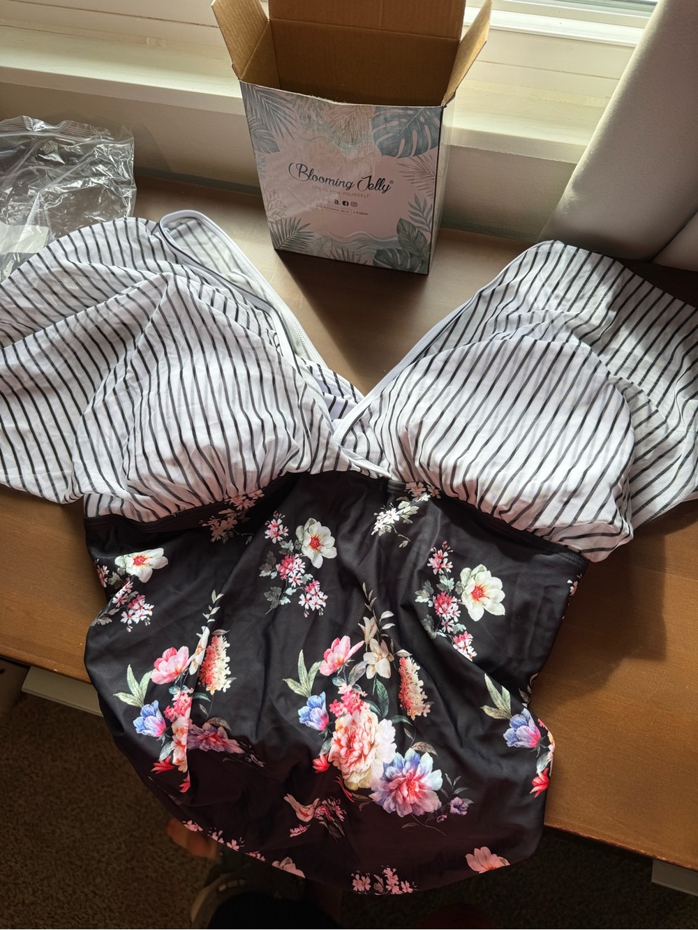Blooming One-Piece Swimwear in Black Floral with Striped Bust